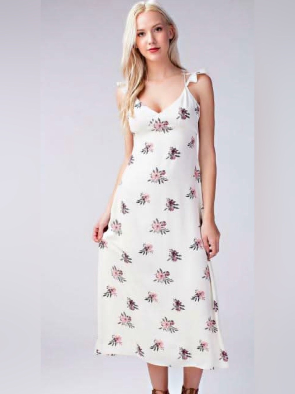 Honey Punch White Midi Dress with Pink Floral Print